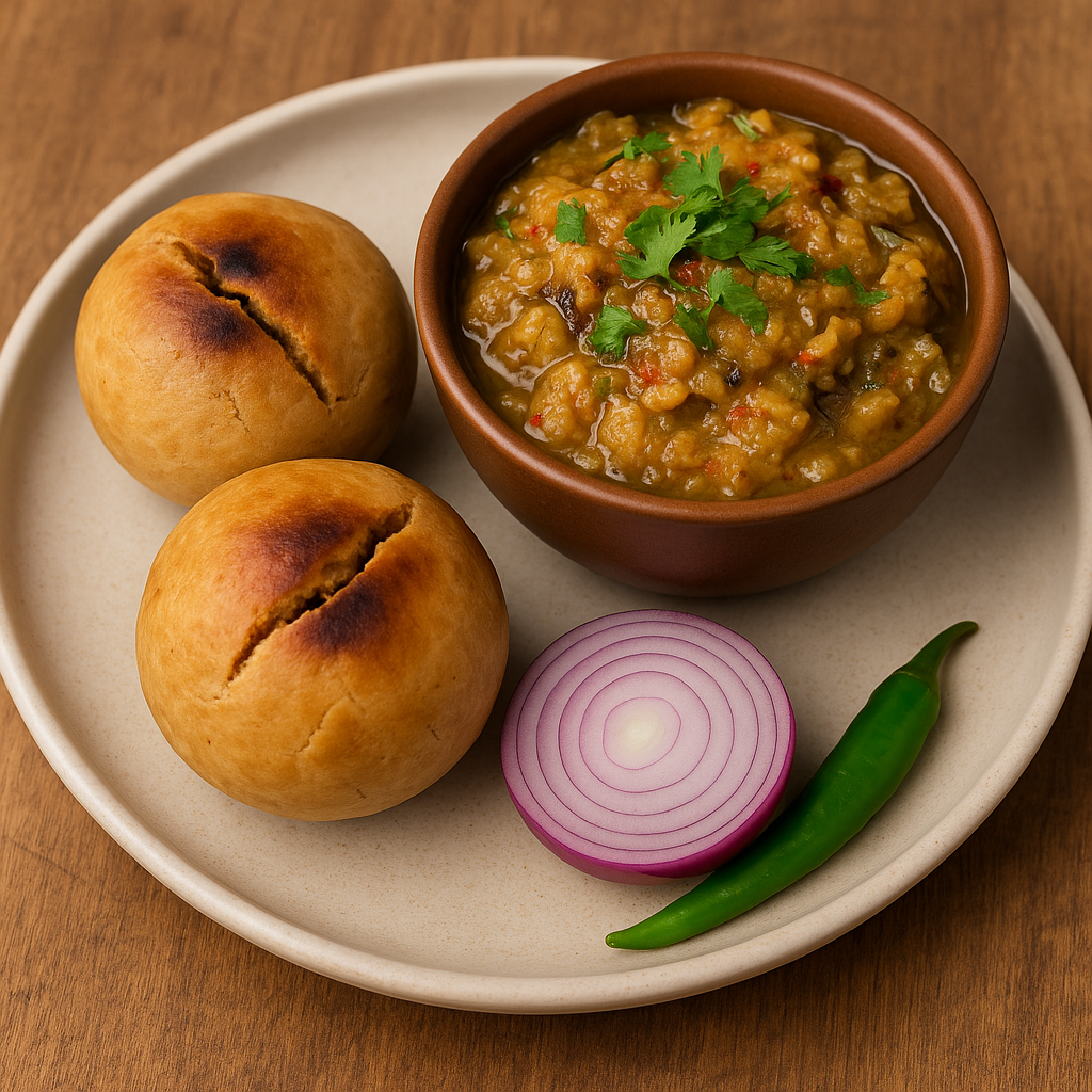 Litti Chokha - Baked wheat flour balls with roasted gram flour stuffing served with mashed eggplant, tomatoes and potatoes